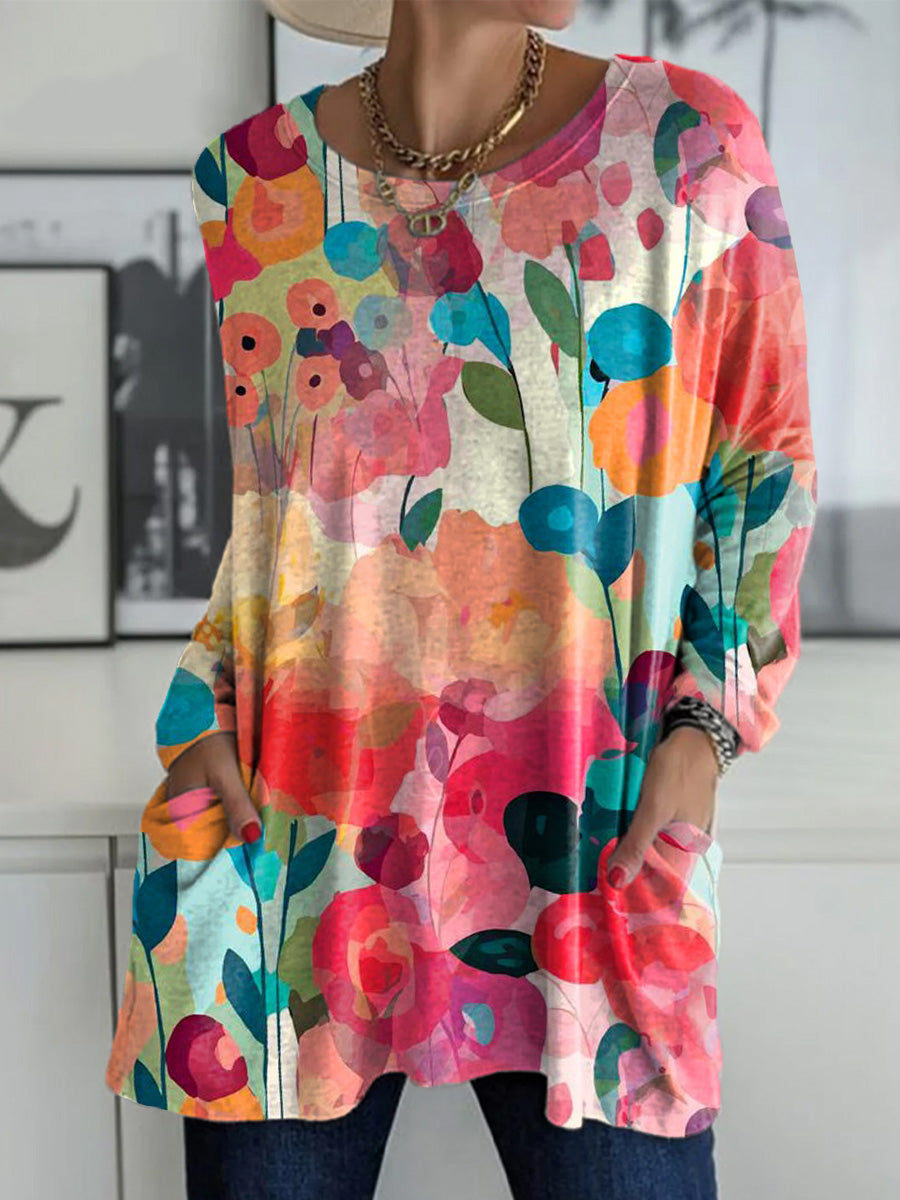 Women's Beautiful Colorful Abstract Floral Painting Art Print Casual Long Sleeve T-shirt