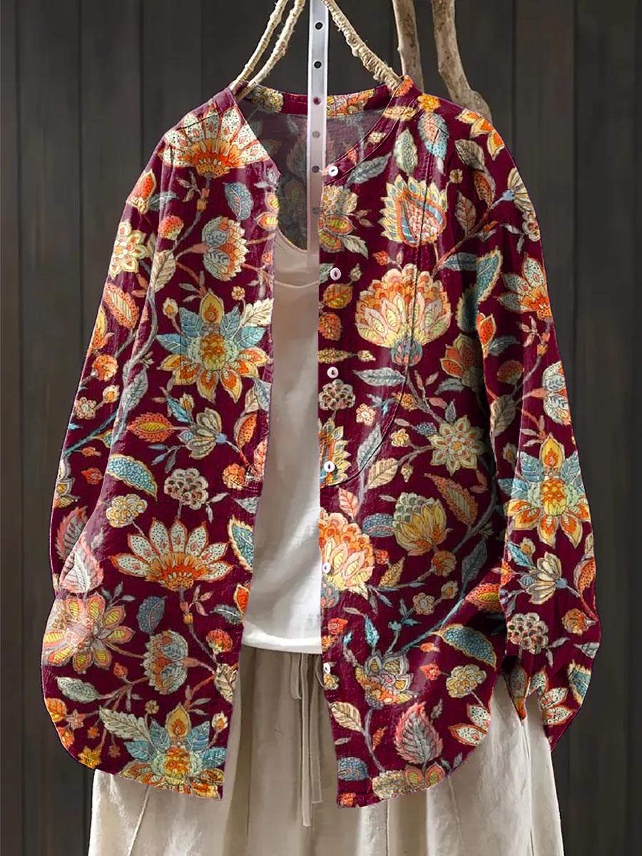 Women's Vintage Floral Art Print Casual Cotton And Linen Shirt