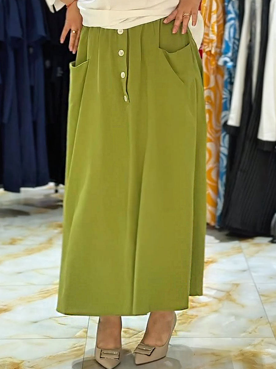Women's Solid Color Elastic Waist Decorative Button Casual Pocket Cotton and Linen Skirt