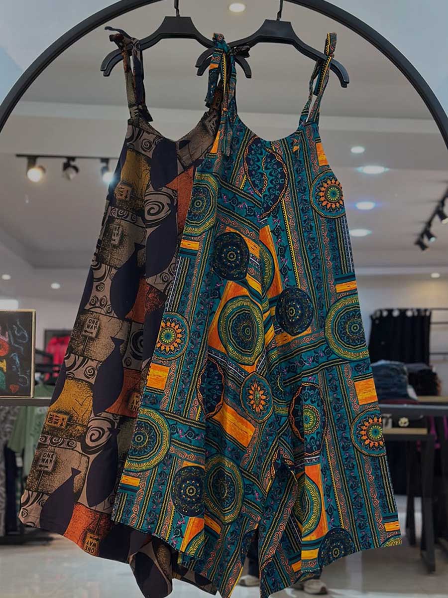 Loose-fitting Cotton and Linen Printed Jumpsuit