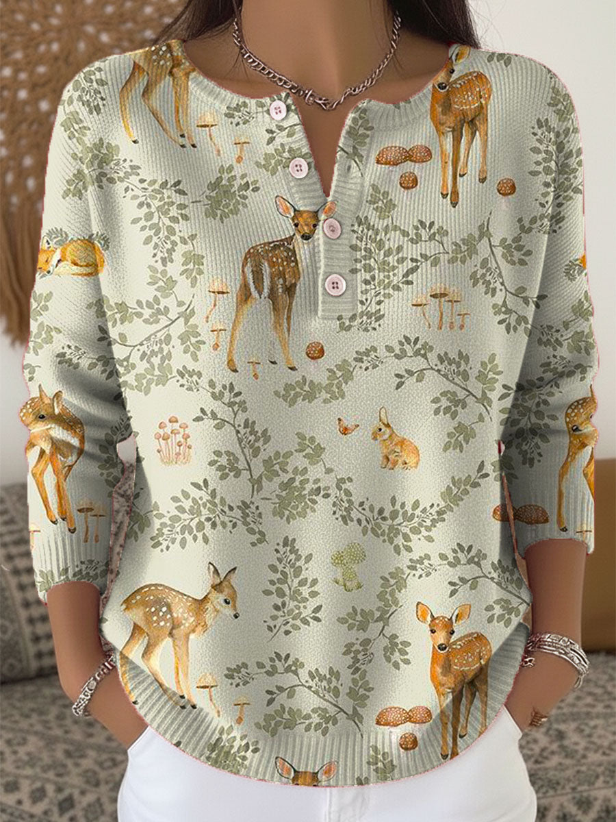 Women's Lovely Deer Art Print Buttoned Cardigan Sweater