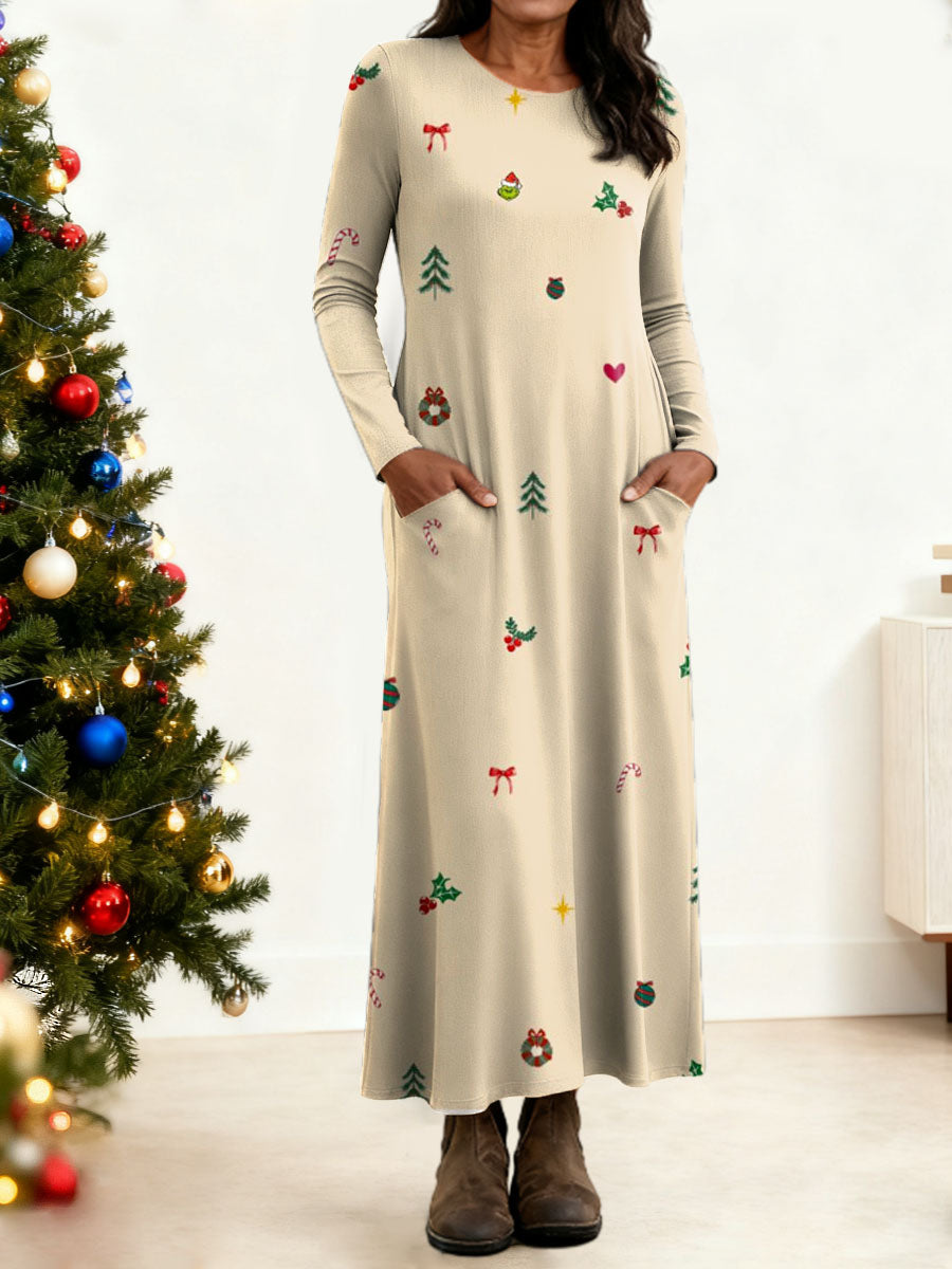 Women's Christmas Pattern Art Print Long-sleeved Dress