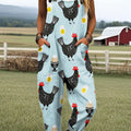 Women's Vintage Abstract Chicken Art Print Casual Cotton Pocket Jumpsuit
