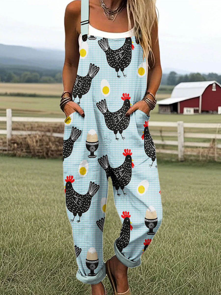 Women's Vintage Abstract Chicken Art Print Casual Cotton Pocket Jumpsuit