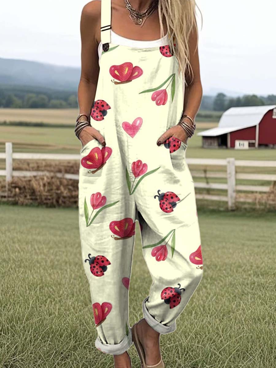 Women's Lovely Floral Insects Art Print Casual 100% Cotton Wide Leg Jumpsuit