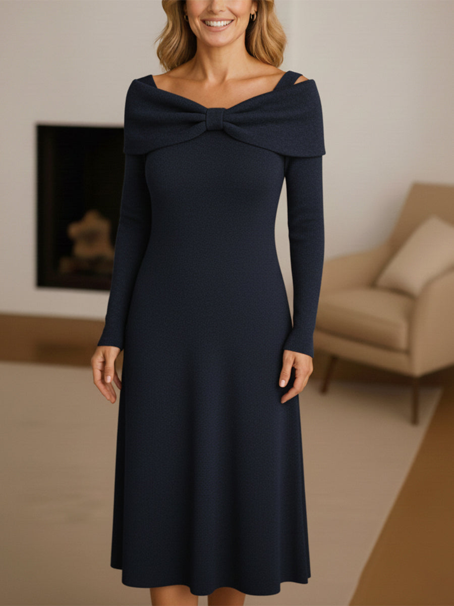 Women's Elegant Bow Collar Solid Color Knitted Dress