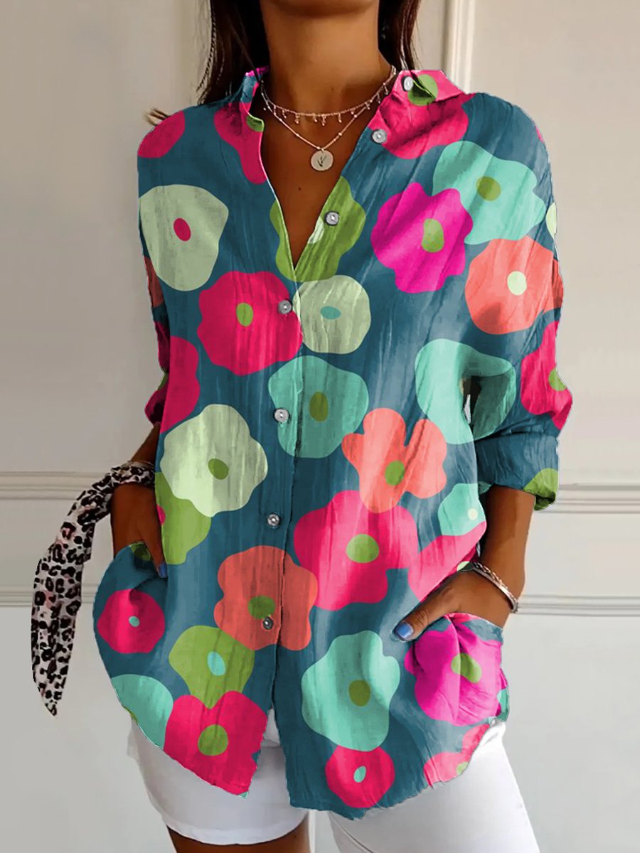 Women's Flowers Art Print Casual Cotton Shirt
