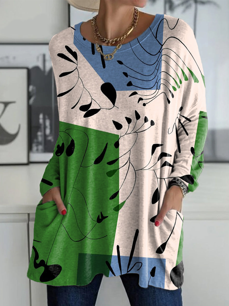 Women's Color Block Leaves Print Casual Long Sleeve Comfortable Cotton Shirt