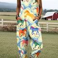 Women's Colorful Pony Pattern Art Print Casual 100% Cotton Wide Leg Jumpsuit