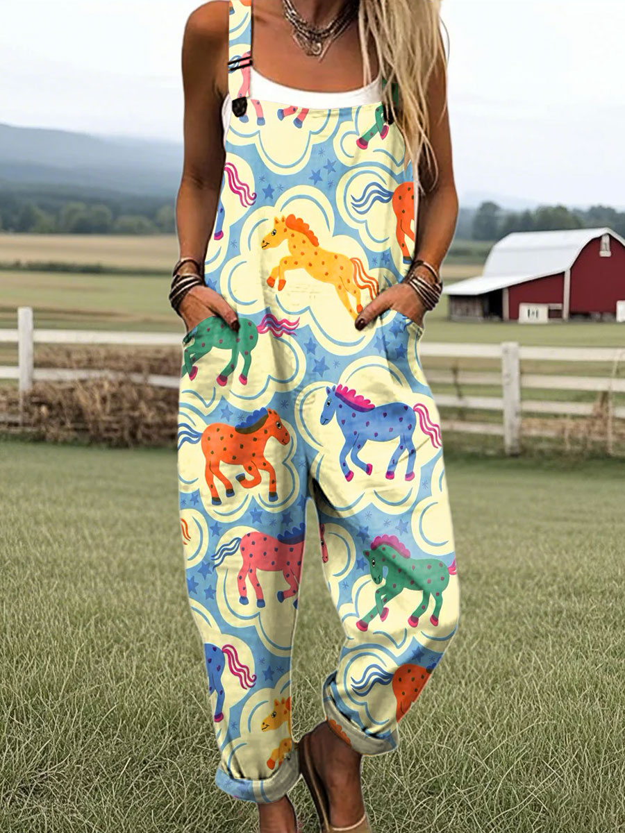 Women's Colorful Pony Pattern Art Print Casual 100% Cotton Wide Leg Jumpsuit