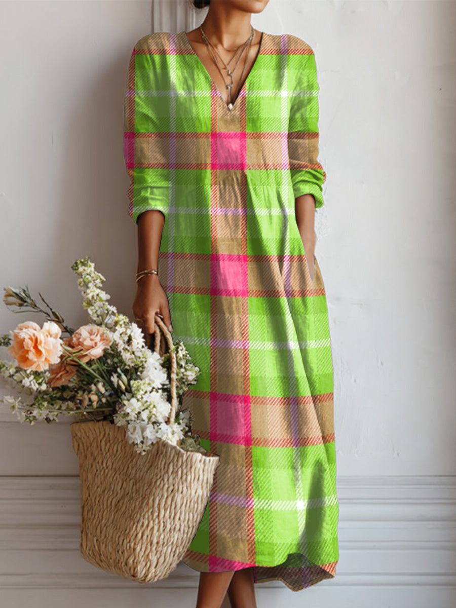 Women's Pink And Green Plaid Print Linen Pocket Tunic Dress