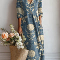 Women's Vintage Floral Pattern Art Print Cotton And Linen Pocket Dress