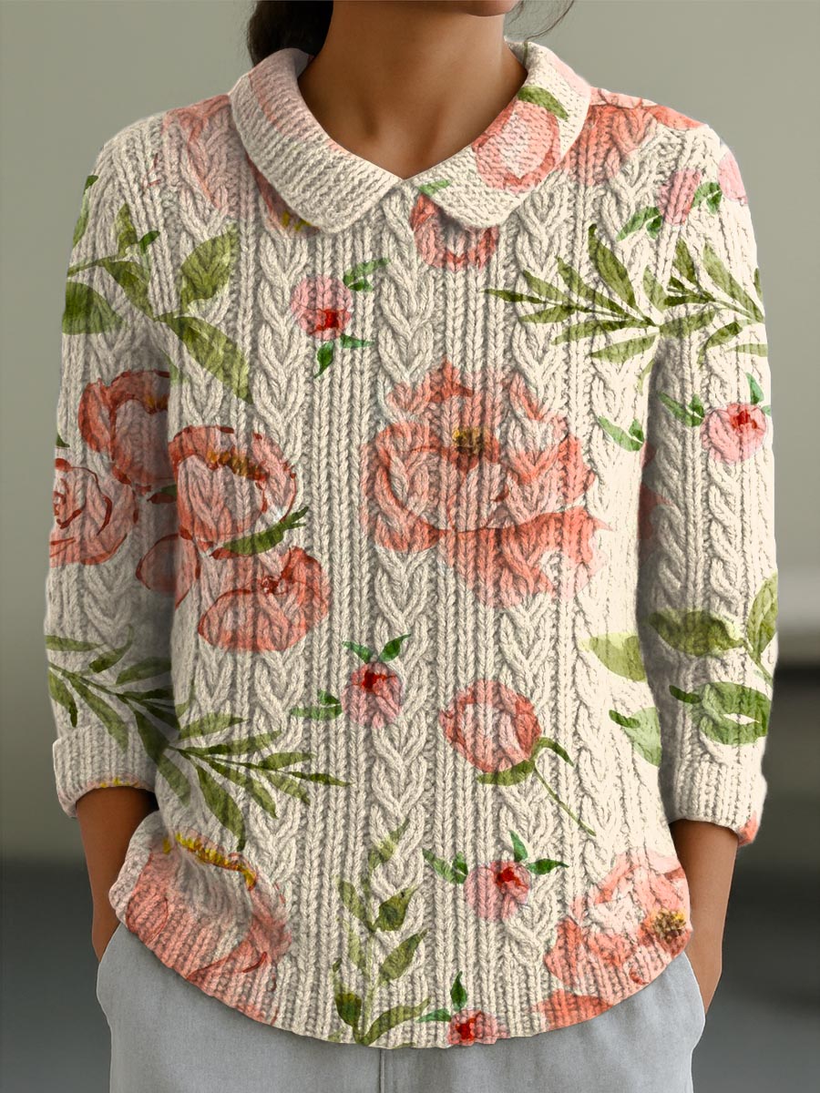 womens-vintage-floral-art-print-casual-peter-pan-collar-3-4-sleeve-sweater-097f
