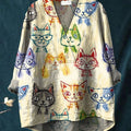 Women's Cat Art Print Casual Cotton And Linen V-neck Shirt