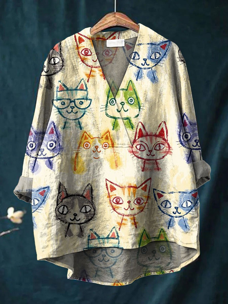 Women's Cat Art Print Casual Cotton And Linen V-neck Shirt