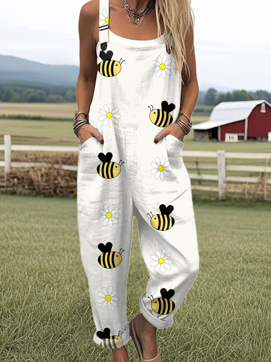 Women's  Bee Art Print Casual 100% Cotton Wide Leg Jumpsuit