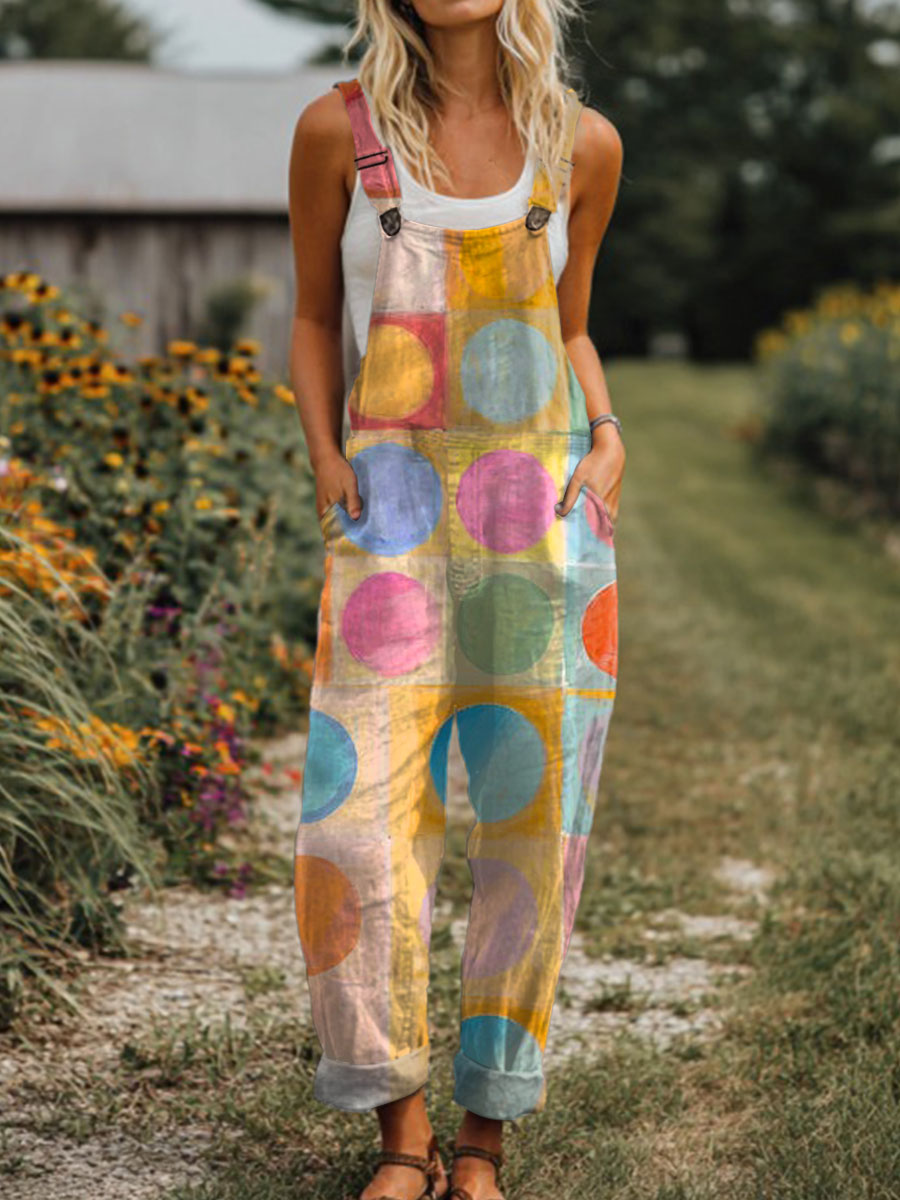 Women's  Vintage Abstract Geometric Art Print Casual 100% Cotton Wide Leg Jumpsuit