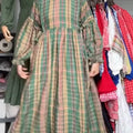 Women's Cotton And Linen Plaid Lantern Sleeve Dress