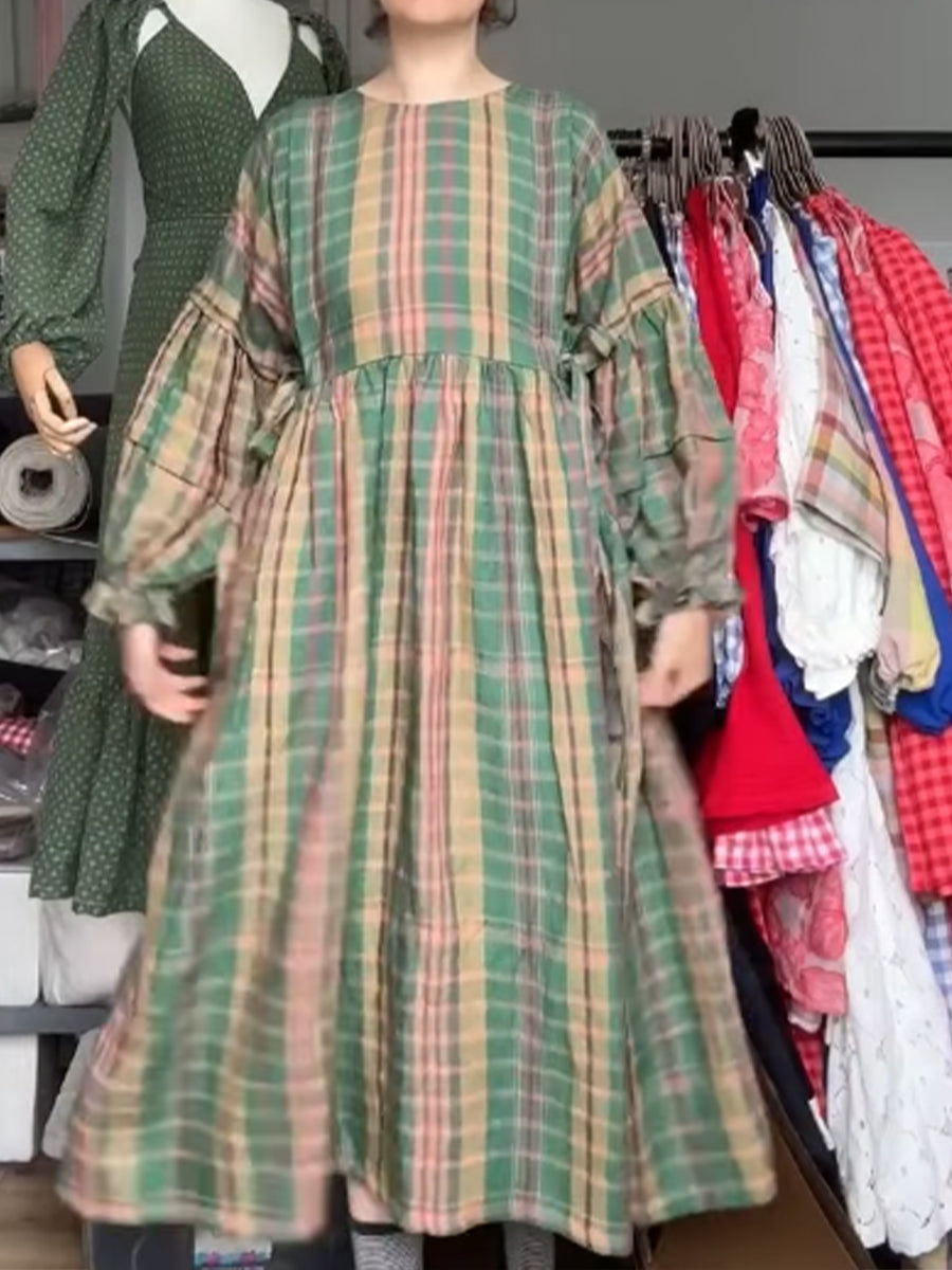 Women's Cotton And Linen Plaid Lantern Sleeve Dress
