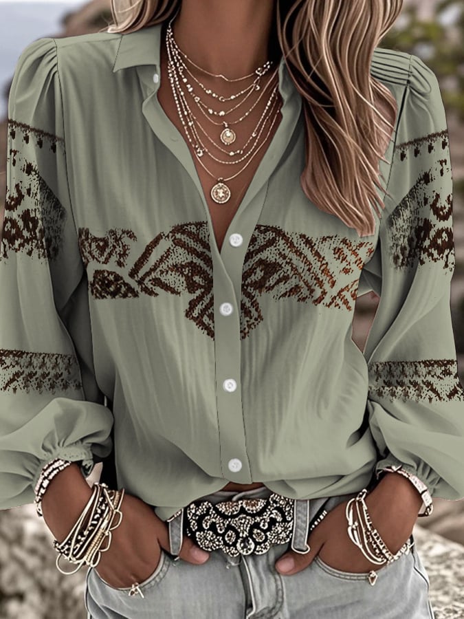 Women's  Vintage Flower Art Print Casual Cotton Shirt