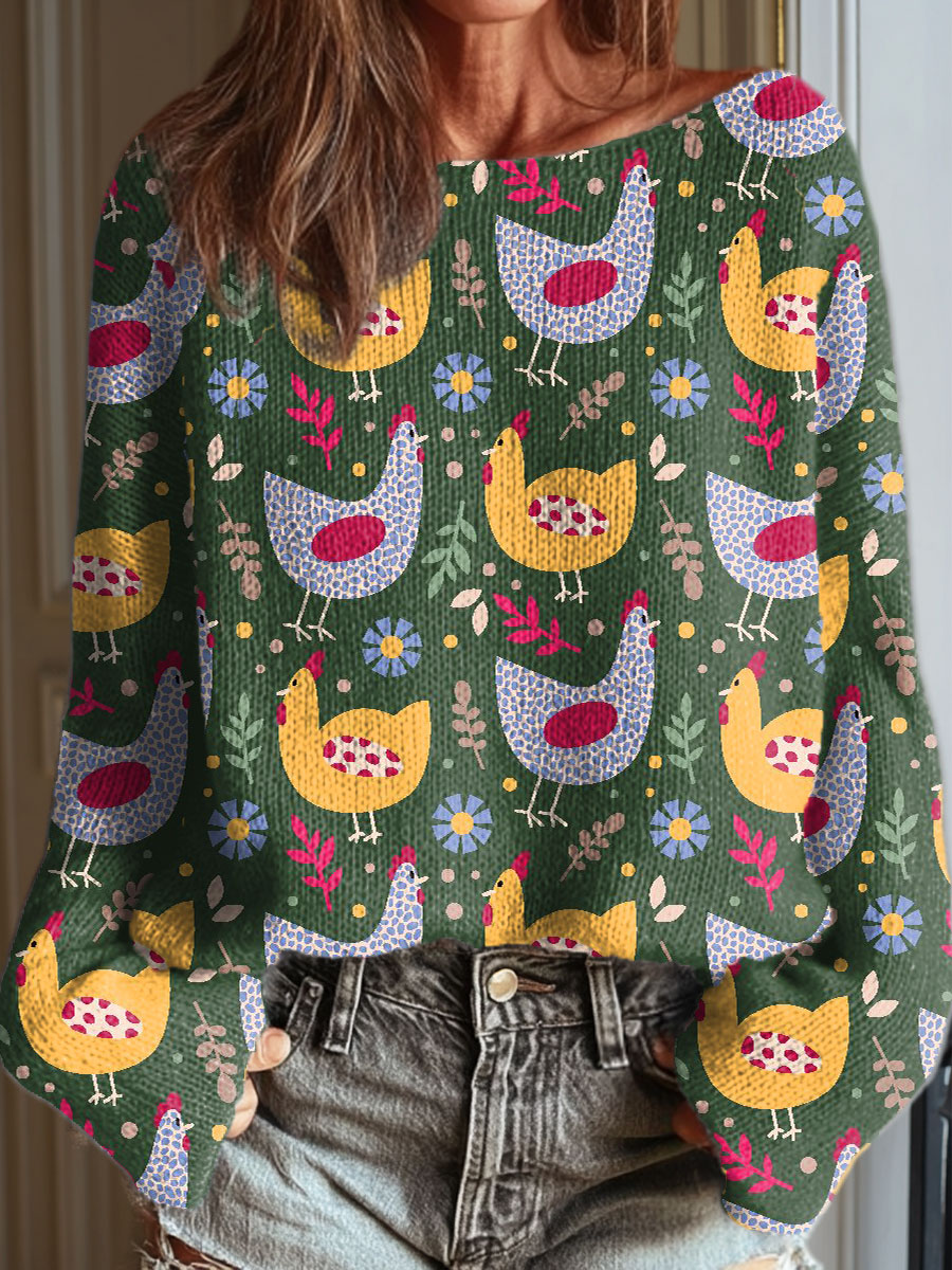 womens-funny-chicken-art-print-casual-pullover-sweater-phx7