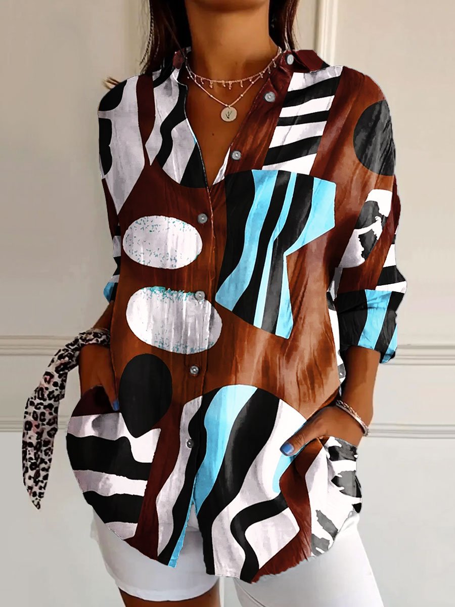 Women's Vintage Irregular Geometric Line Art Print Casual Cotton Shirt