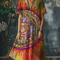 Women's Boho Vintage Art Print Pocket Cotton Dress
