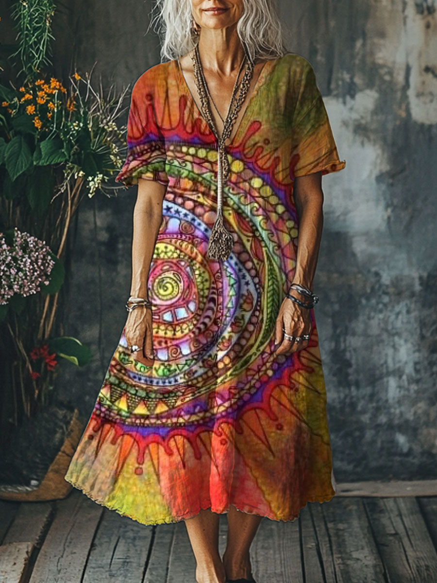 Women's Boho Vintage Art Print Pocket Cotton Dress