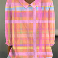 Women's Vintage Abstract Plaid Art Print Casual Cotton And Linen 3/4 Sleeve Shirt