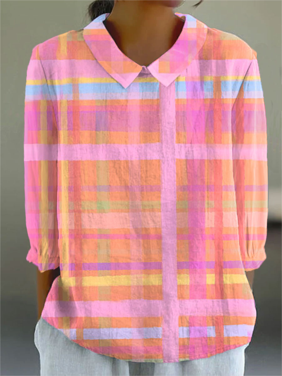Women's Vintage Abstract Plaid Art Print Casual Cotton And Linen 3/4 Sleeve Shirt