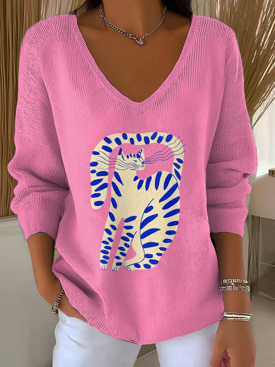 womens-pink-cat-pattern-casual-pullover-sweater