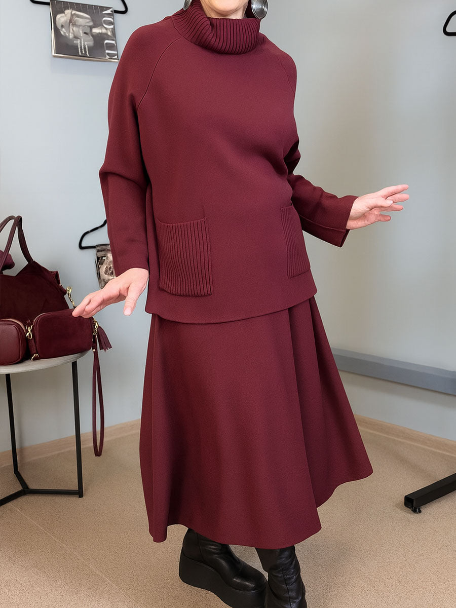 Women's Solid Color Turtleneck Long Sleeve Casual Pullover Sweater Elastic Waist Loose A-Line Skirt Set