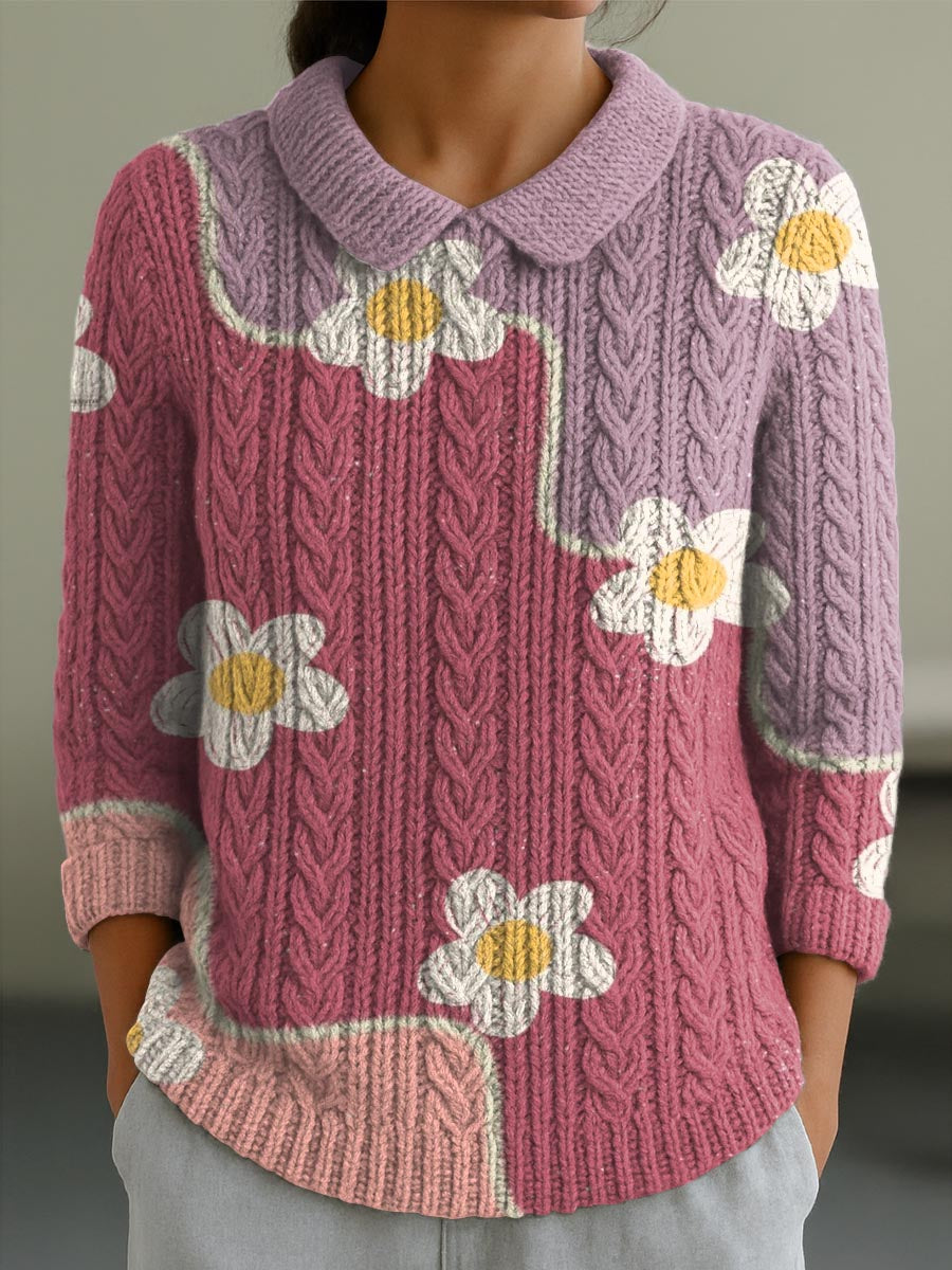 womens-lovely-floral-art-print-casual-peter-pan-collar-3-4-sleeve-sweater