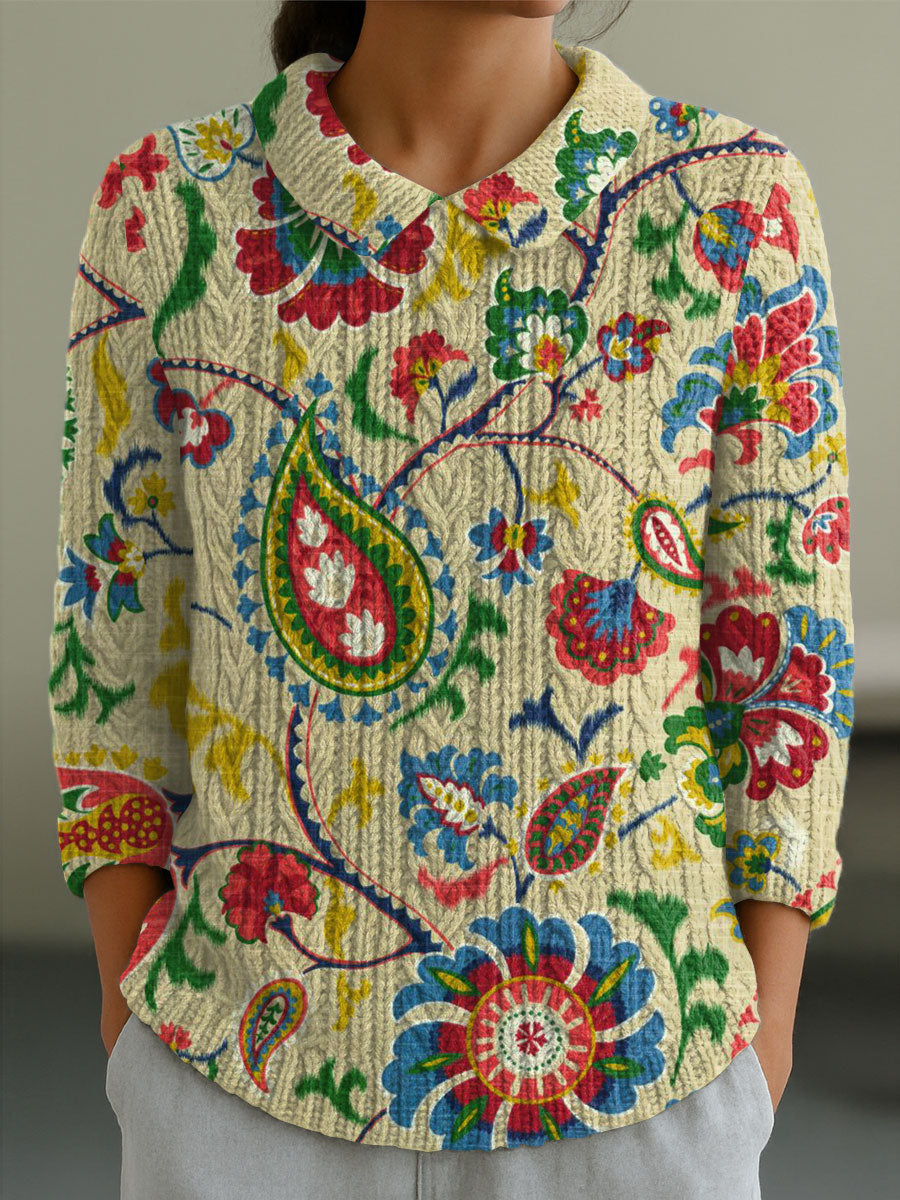 womens-vintage-flower-art-print-casual-peter-pan-collar-3-4-sleeve-sweater-l5bf