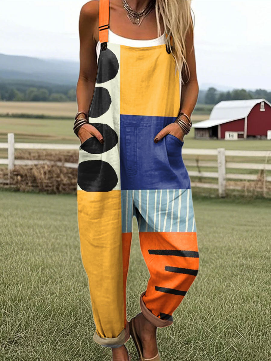 Women's Fashion Color Block Art Print Casual 100% Cotton Wide Leg Jumpsuit