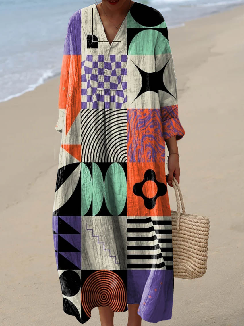 Women's Abstract Geometric Pattern Art Print Cotton Dress