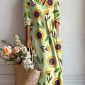 Women's Sunflower Print Linen Pocket Dress