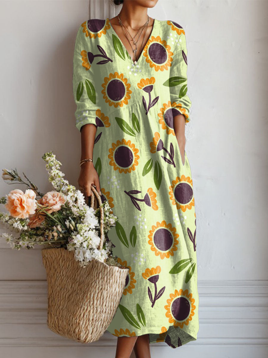 Women's Sunflower Print Linen Pocket Dress
