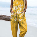 Damen-Jumpsuit mit Vintage-Blumenmuster, lässig, aus 100 % Baumwolle, weites Bein 