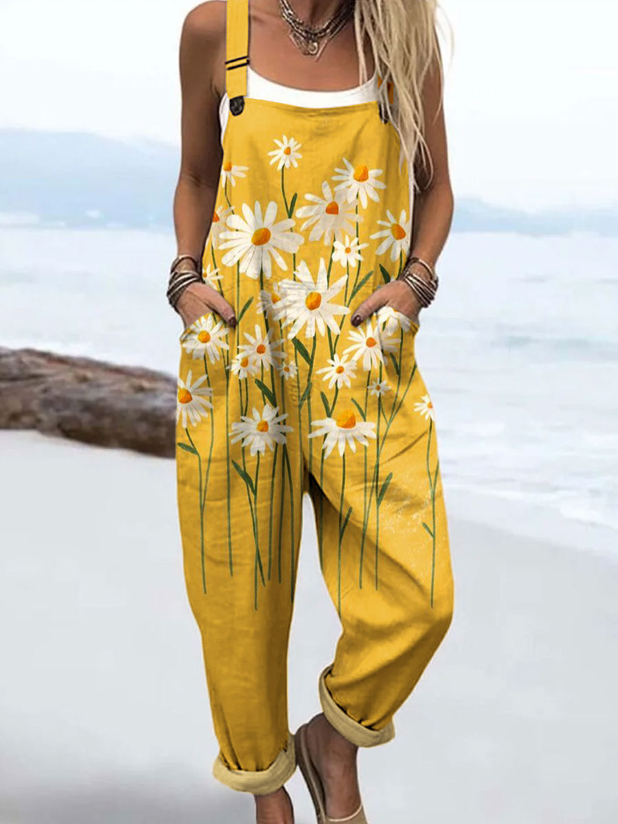 Women's Vintage Floral Art Print Casual 100% Cotton Wide Leg Jumpsuit