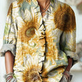Damenbluse mit Vintage-Sonnenblumenmuster, Kunstdruck, Rüschen aus Baumwolle und Leinen, lässiges Modell mit Sonnenblumenmotiv 
