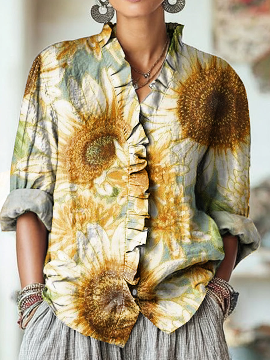 Women's Vintage Sunflower Floral Painting Art Print Casual Cotton And Linen Ruffle Shirt