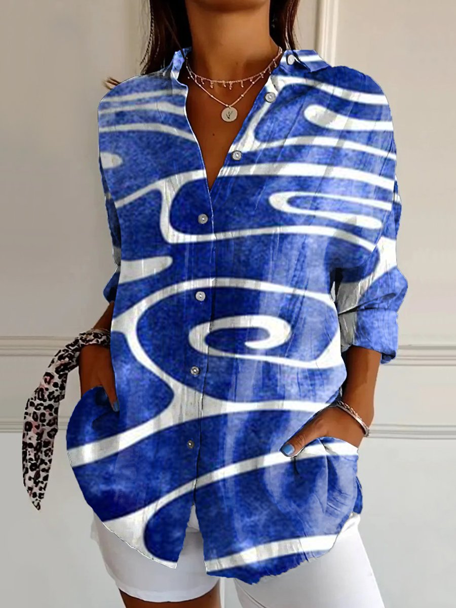 Women's Retro simple hand-painted lines Art Print Casual Cotton Shirt