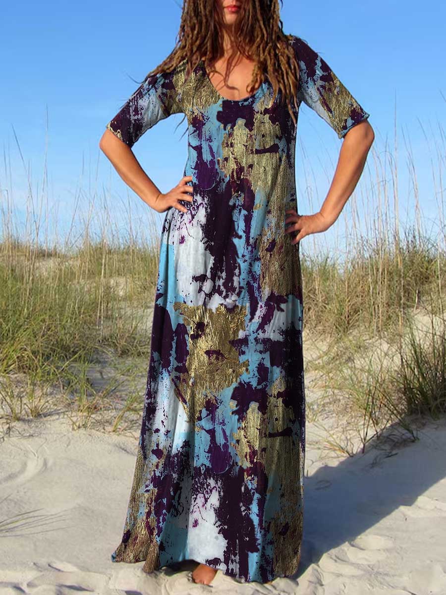 Women's Crew Neck Art Print Short Sleeve Dress