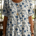 Elegant Floral Decorative Pattern Women's Round Collar Short Sleeve Cotton Shirt