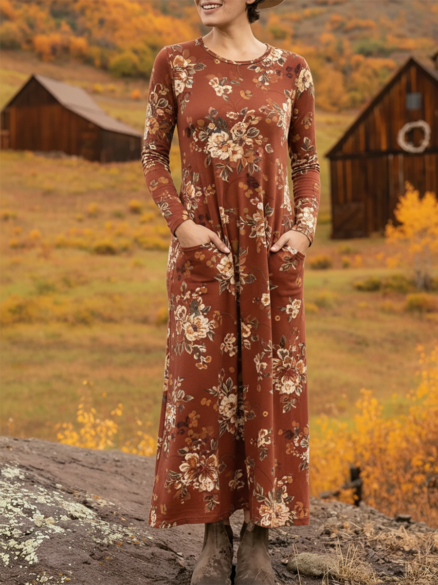Women's Soft Floral Print Pocket Stretch Dress Caramel