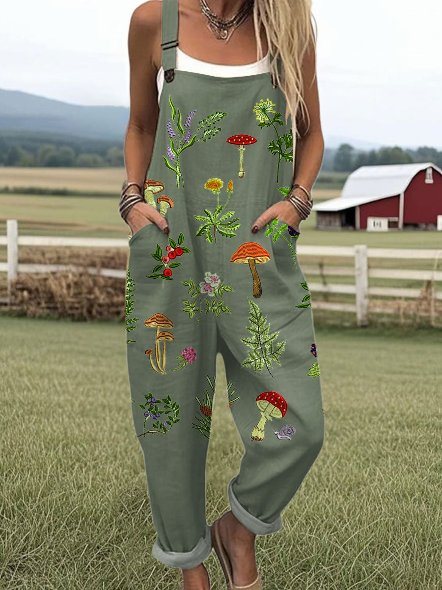 Women's  Forest Botanical Library Vintage Art Print Casual 100% Cotton Wide Leg Jumpsuit
