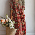 Women's Vintage Flower Art Print Linen Pocket Dress