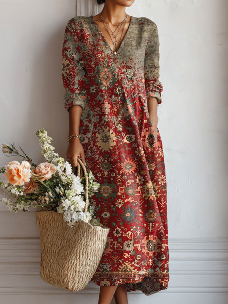 Women's Vintage Flower Art Print Linen Pocket Dress