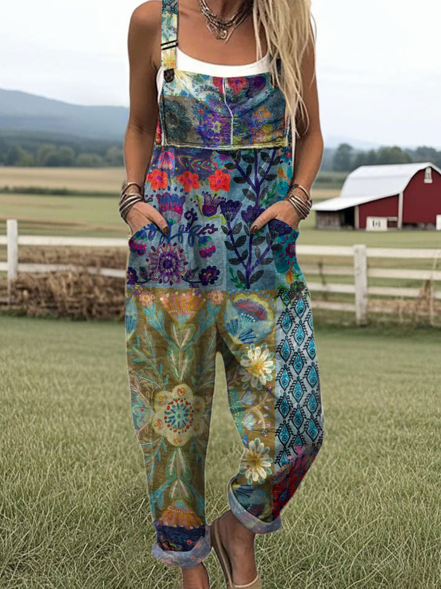 Women's  Patchwork Floral Art Print Casual 100% Cotton Wide Leg Jumpsuit